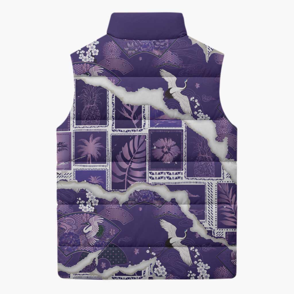 Hawaii Japanese Culture Purple Sleeveless Puffer Jacket Spring Cranes Aloha Pattern LT01 - Polynesian Pride