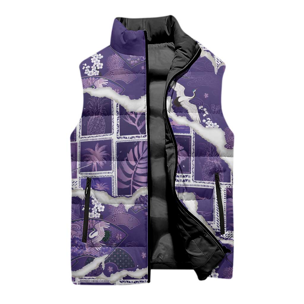 Hawaii Japanese Culture Purple Sleeveless Puffer Jacket Spring Cranes Aloha Pattern LT01 - Polynesian Pride