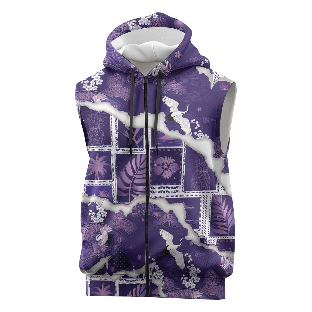 Hawaii Japanese Culture Purple Sleeveless Zip Hoodie Spring Cranes Aloha Pattern LT01 Purple - Polynesian Pride
