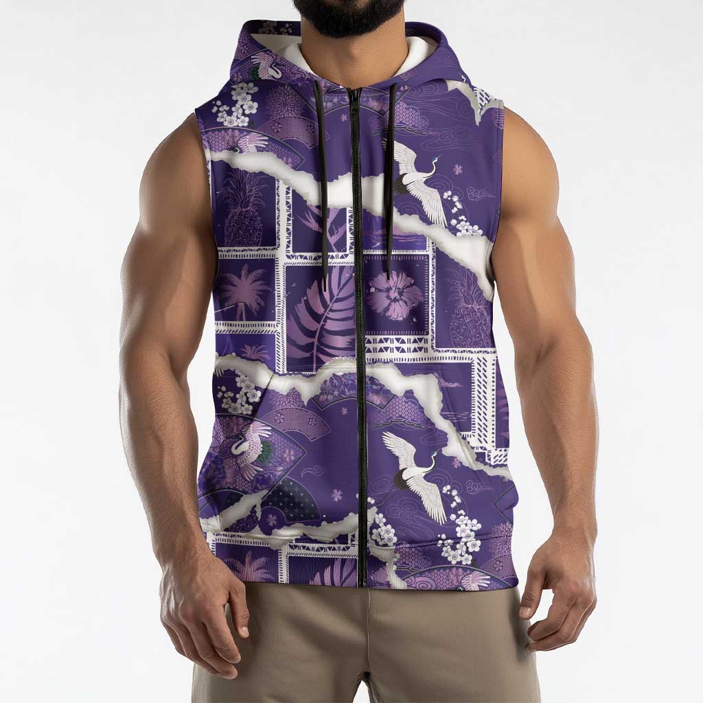 Hawaii Japanese Culture Purple Sleeveless Zip Hoodie Spring Cranes Aloha Pattern LT01 - Polynesian Pride