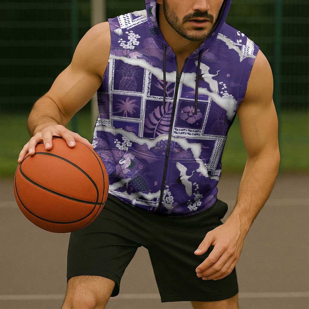 Hawaii Japanese Culture Purple Sleeveless Zip Hoodie Spring Cranes Aloha Pattern LT01 - Polynesian Pride