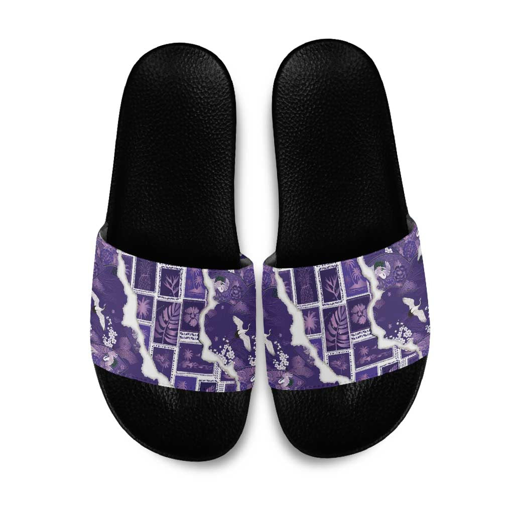 Hawaii Japanese Culture Purple Slide Sandals Spring Cranes Aloha Pattern LT01 Purple - Polynesian Pride