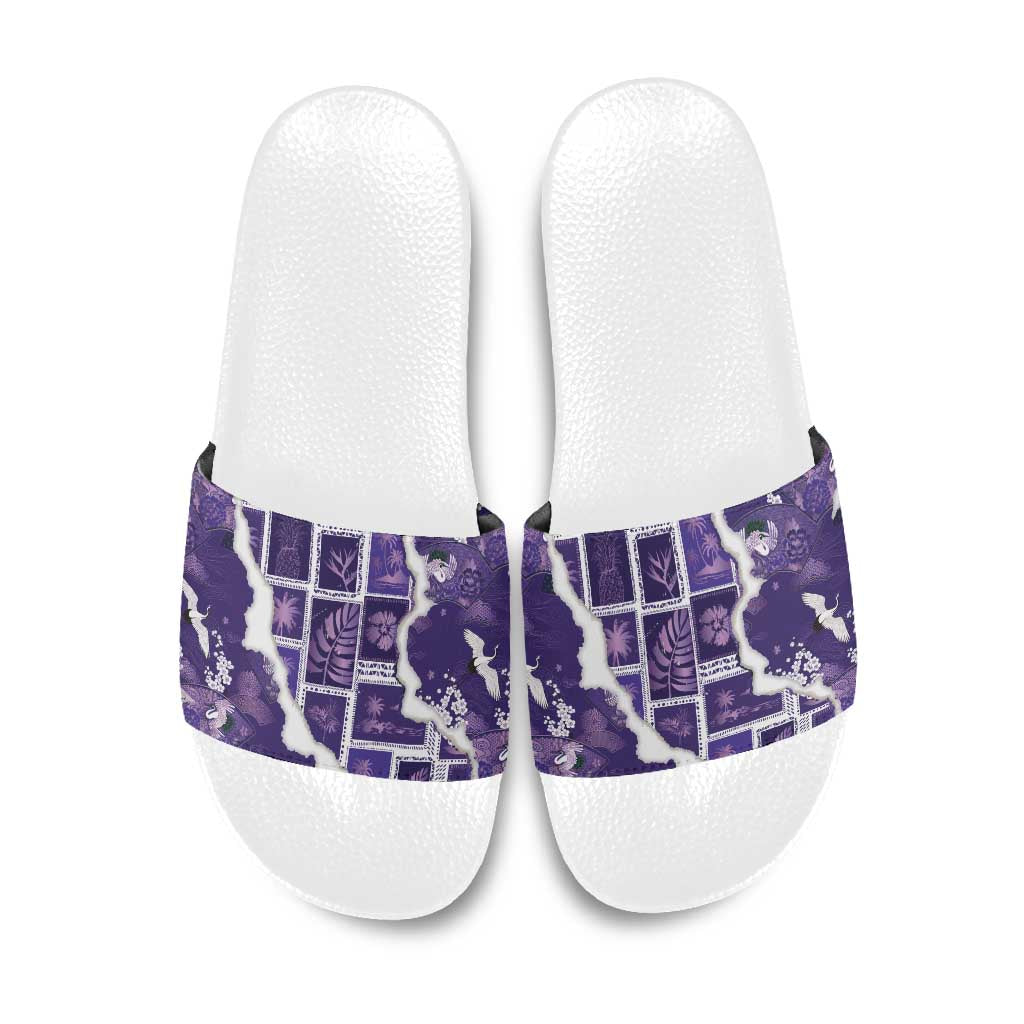 Hawaii Japanese Culture Purple Slide Sandals Spring Cranes Aloha Pattern LT01 Purple - Polynesian Pride