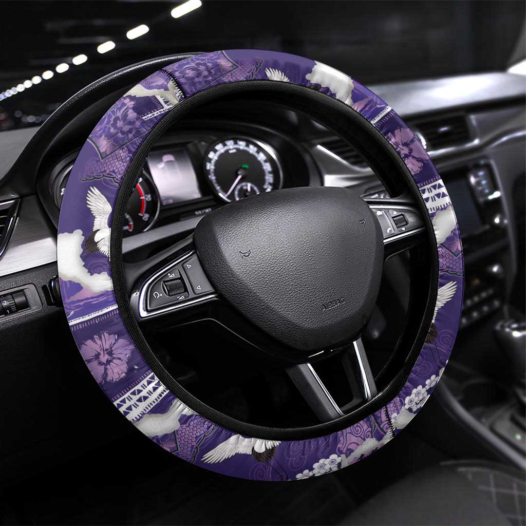 Hawaii Japanese Culture Purple Steering Wheel Cover Spring Cranes Aloha Pattern LT01 Universal Fit Purple - Polynesian Pride