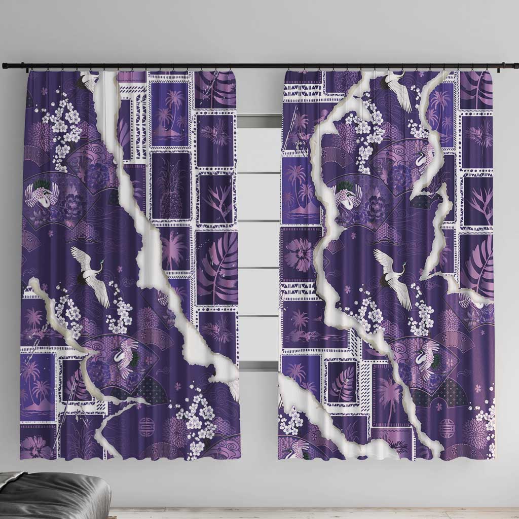 Hawaii Japanese Culture Purple Window Curtain Spring Cranes Aloha Pattern LT01 With Hooks Purple - Polynesian Pride