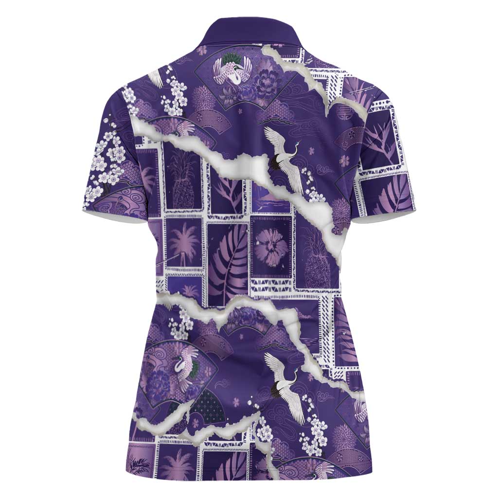 Hawaii Japanese Culture Purple Women Polo Shirt Spring Cranes Aloha Pattern LT01 - Polynesian Pride