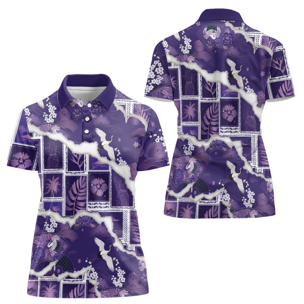 Hawaii Japanese Culture Purple Women Polo Shirt Spring Cranes Aloha Pattern LT01 - Polynesian Pride