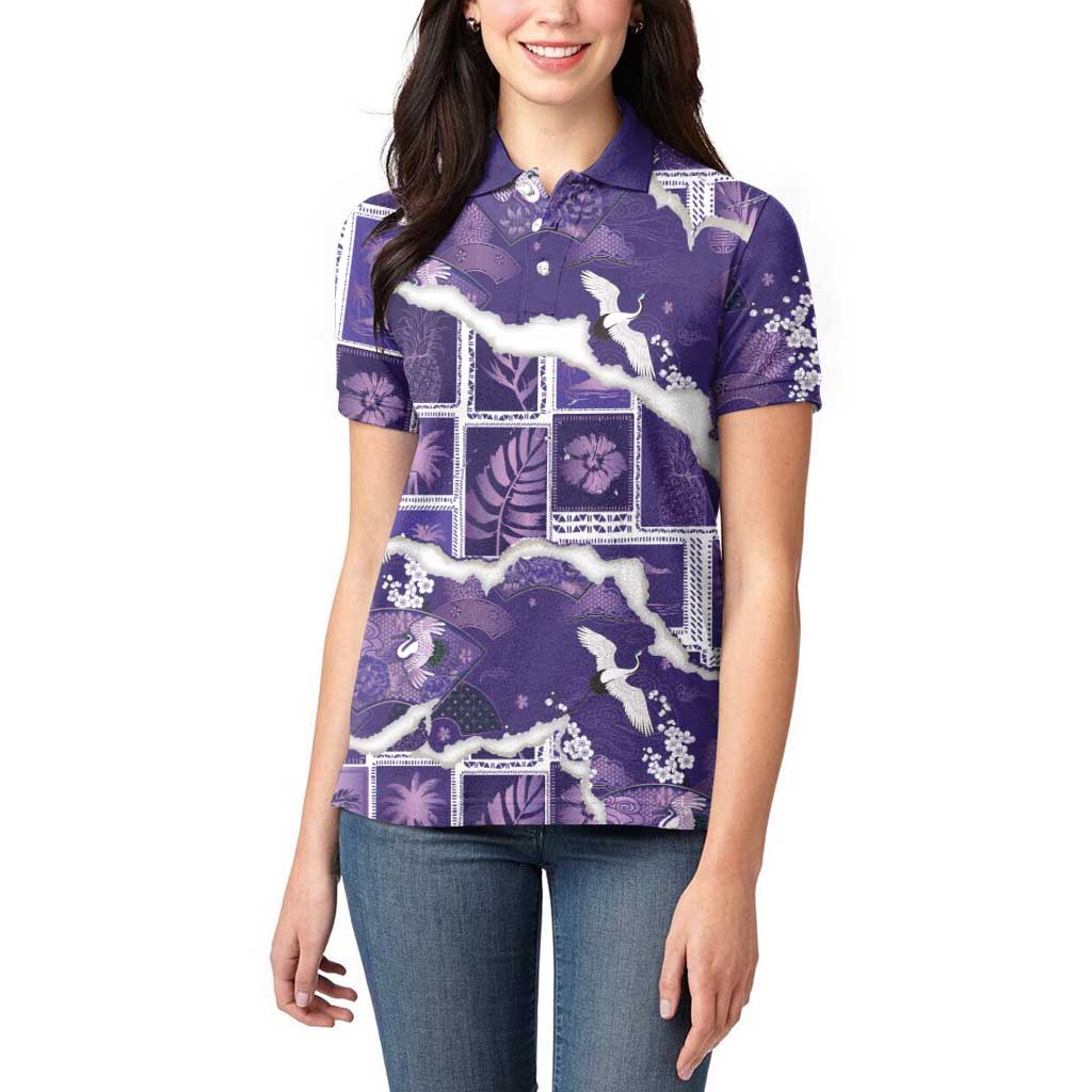 Hawaii Japanese Culture Purple Women Polo Shirt Spring Cranes Aloha Pattern LT01 - Polynesian Pride
