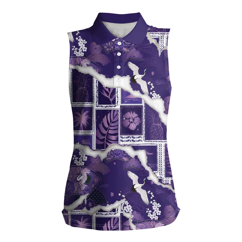 Hawaii Japanese Culture Purple Women Sleeveless Polo Shirt Spring Cranes Aloha Pattern LT01 Female Purple - Polynesian Pride