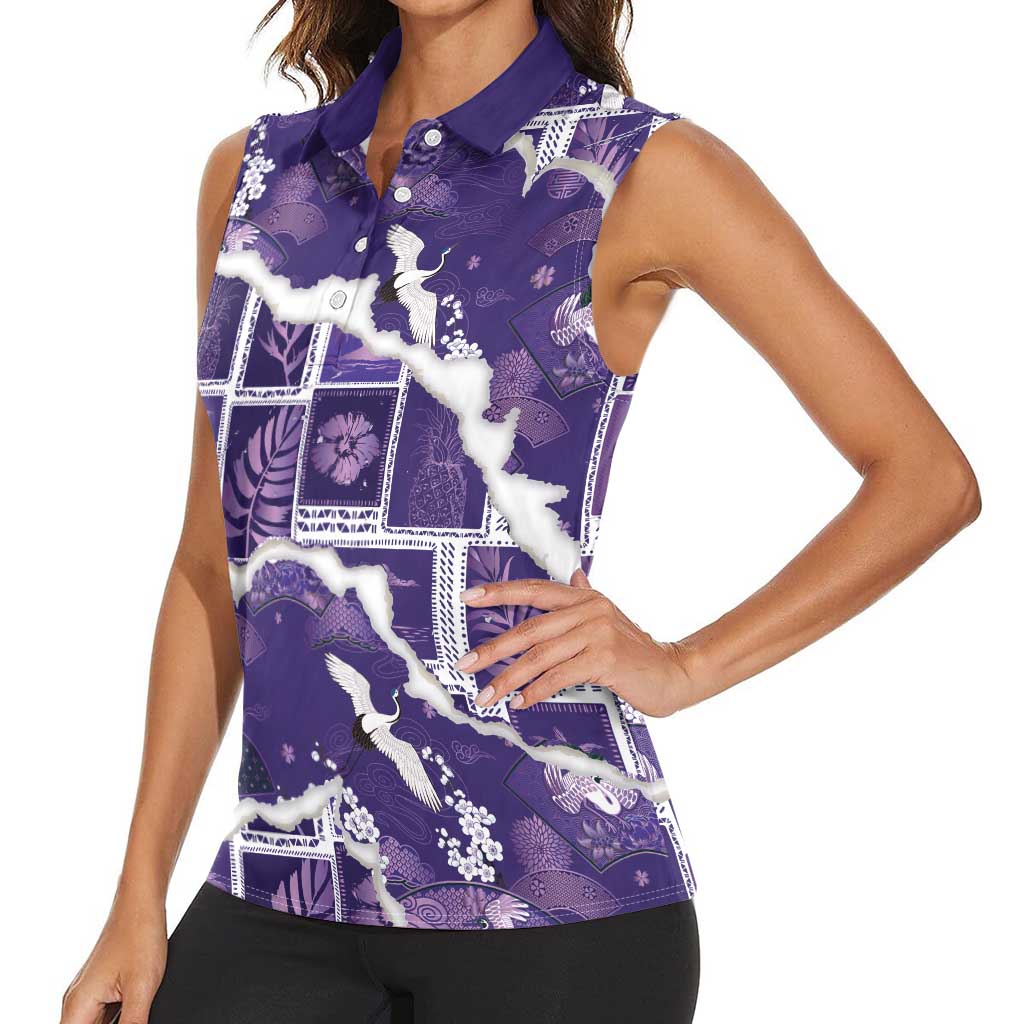 Hawaii Japanese Culture Purple Women Sleeveless Polo Shirt Spring Cranes Aloha Pattern LT01 - Polynesian Pride