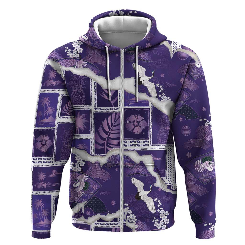 Hawaii Japanese Culture Purple Zip Hoodie Spring Cranes Aloha Pattern LT01 Zip Hoodie Purple - Polynesian Pride