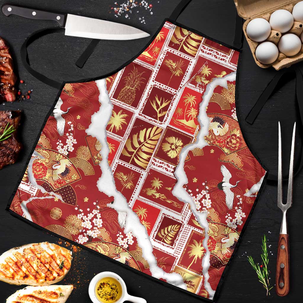 Hawaii Japanese Culture Red Apron Spring Cranes Aloha Pattern LT01 Red - Polynesian Pride