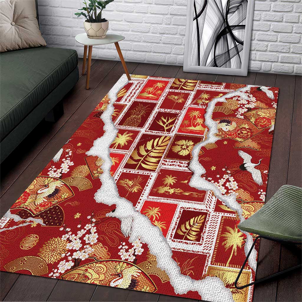 Hawaii Japanese Culture Red Area Rug Spring Cranes Aloha Pattern