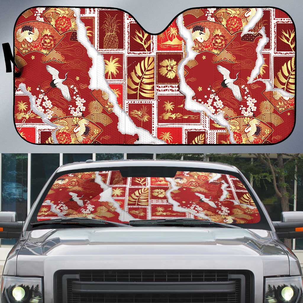 Hawaii Japanese Culture Red Auto Sun Shade Spring Cranes Aloha Pattern LT01 Red - Polynesian Pride