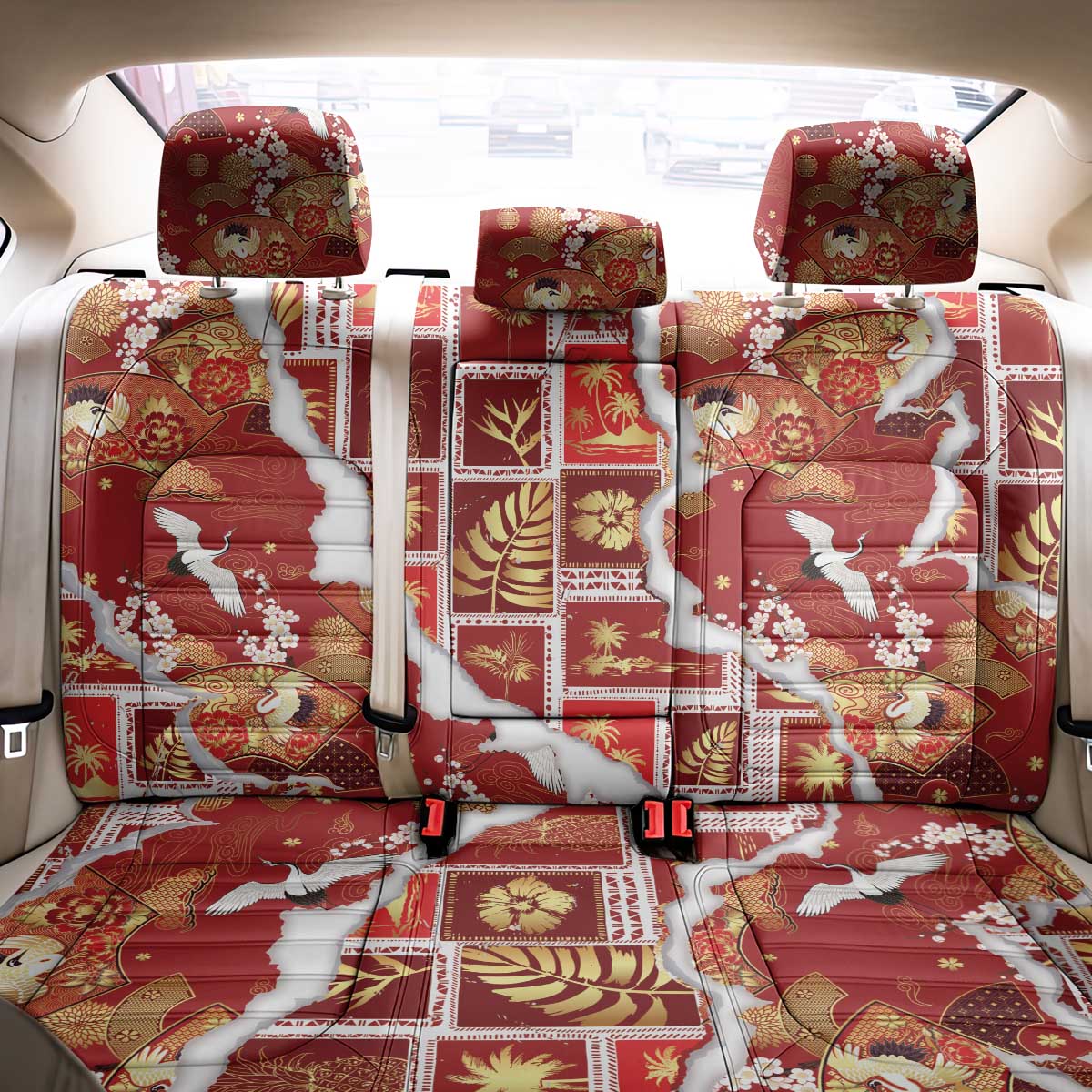 Hawaii Japanese Culture Red Back Car Seat Cover Spring Cranes Aloha Pattern