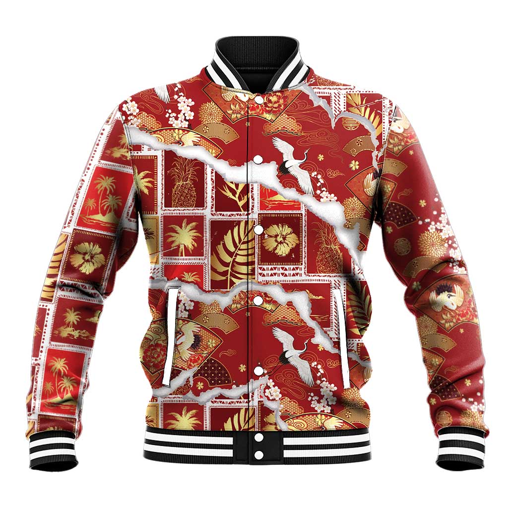 Hawaii Japanese Culture Red Baseball Jacket Spring Cranes Aloha Pattern LT01 Unisex Red - Polynesian Pride