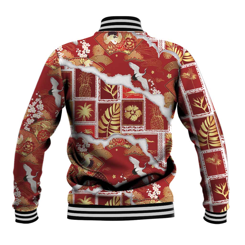 Hawaii Japanese Culture Red Baseball Jacket Spring Cranes Aloha Pattern LT01 - Polynesian Pride