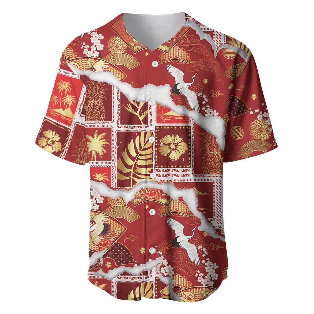 Hawaii Japanese Culture Red Baseball Jersey Spring Cranes Aloha Pattern LT01 Red - Polynesian Pride