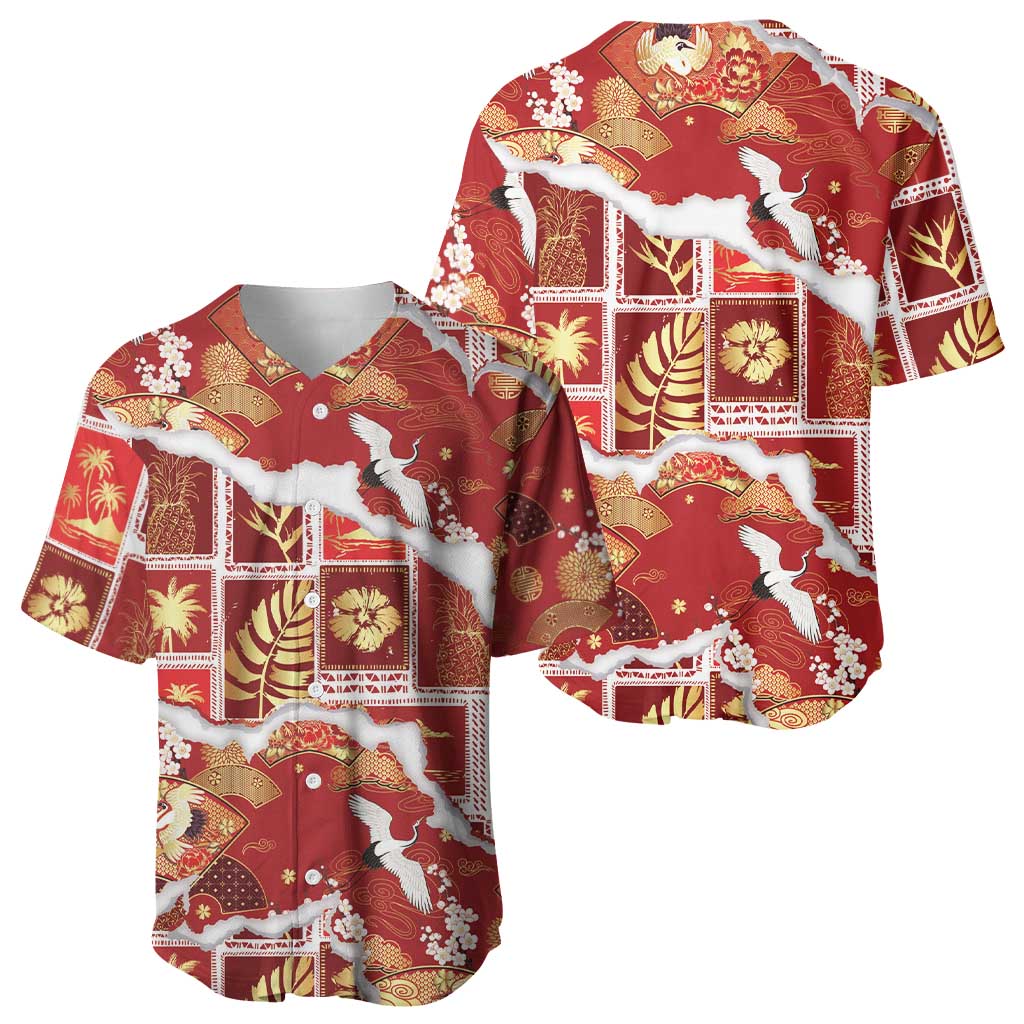 Hawaii Japanese Culture Red Baseball Jersey Spring Cranes Aloha Pattern LT01 - Polynesian Pride