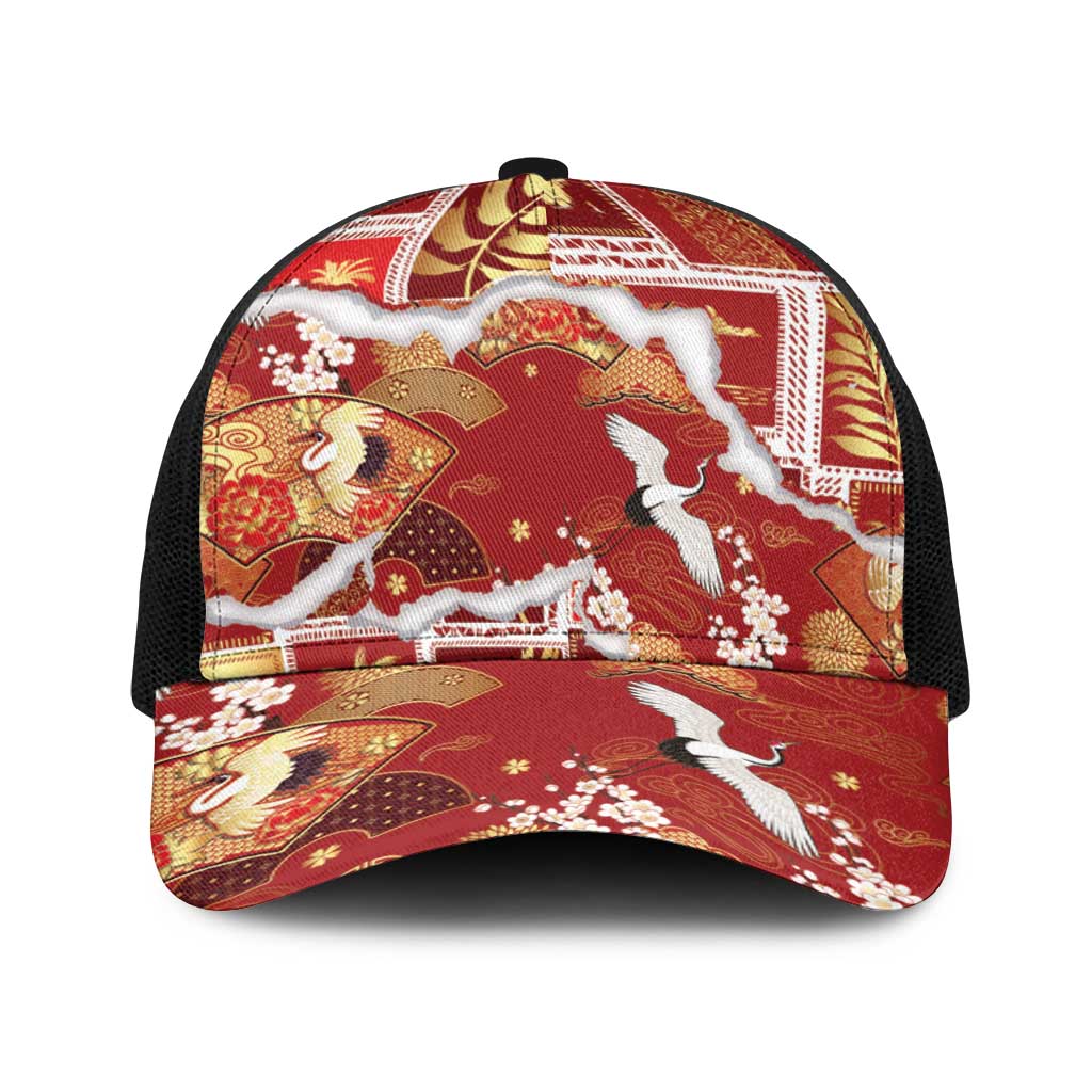 Hawaii Japanese Culture Red Baseball Net Cap Spring Cranes Aloha Pattern LT01 One Size Black Red - Polynesian Pride