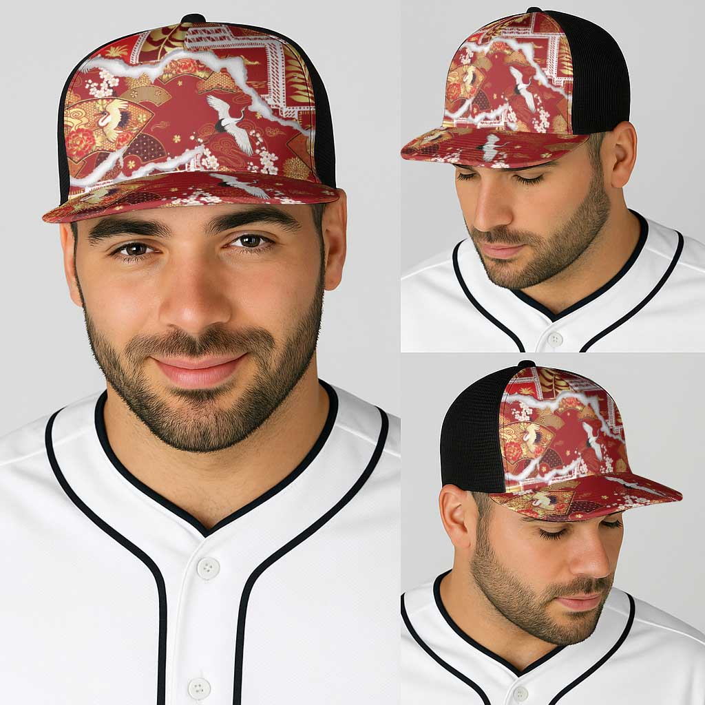 Hawaii Japanese Culture Red Baseball Net Cap Spring Cranes Aloha Pattern