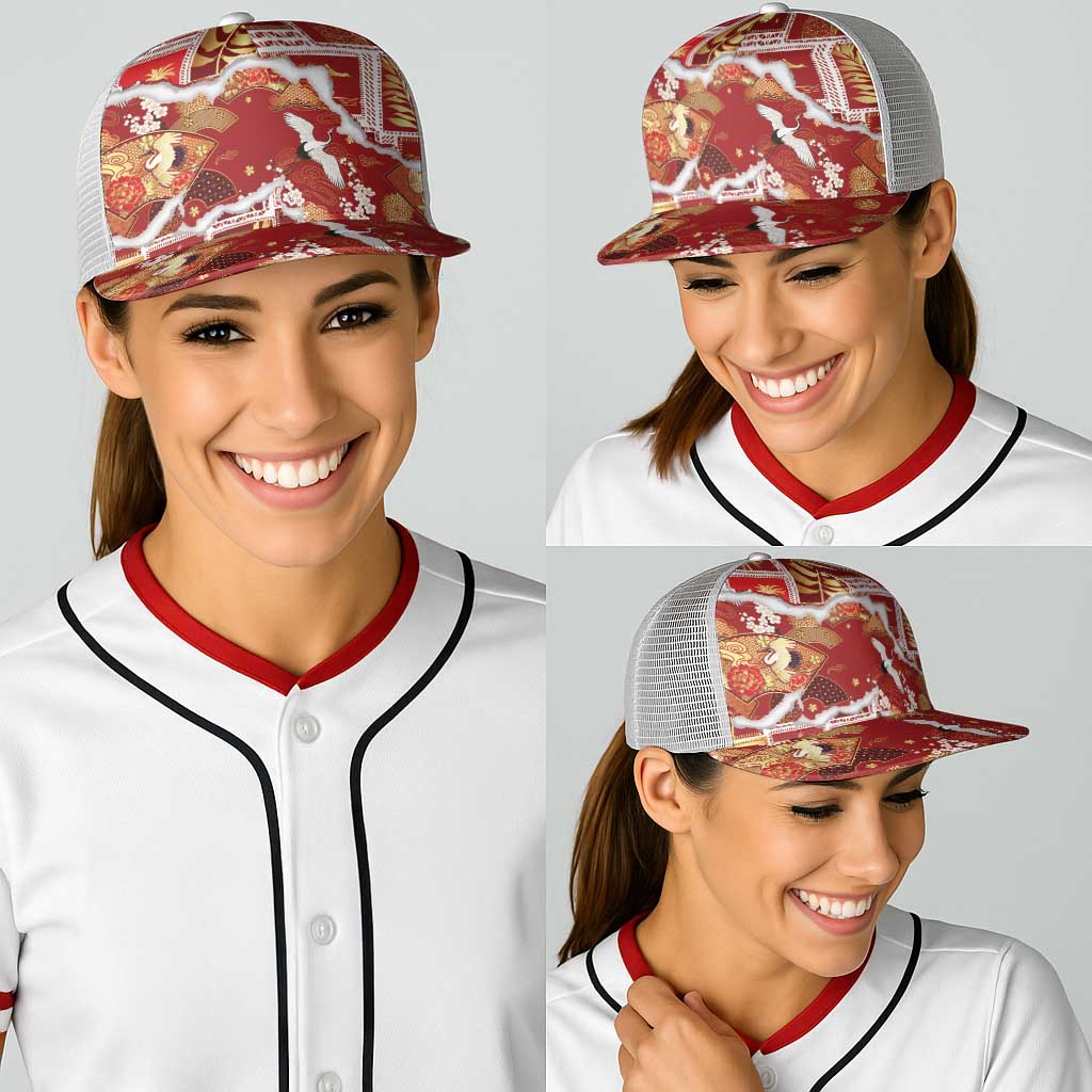 Hawaii Japanese Culture Red Baseball Net Cap Spring Cranes Aloha Pattern