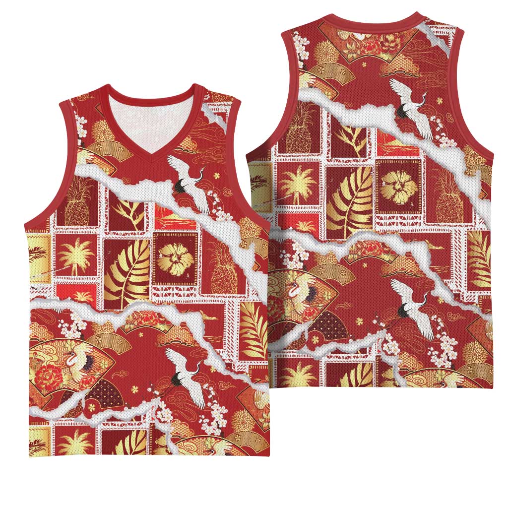 Hawaii Japanese Culture Red Basketball Jersey Spring Cranes Aloha Pattern LT01 - Polynesian Pride