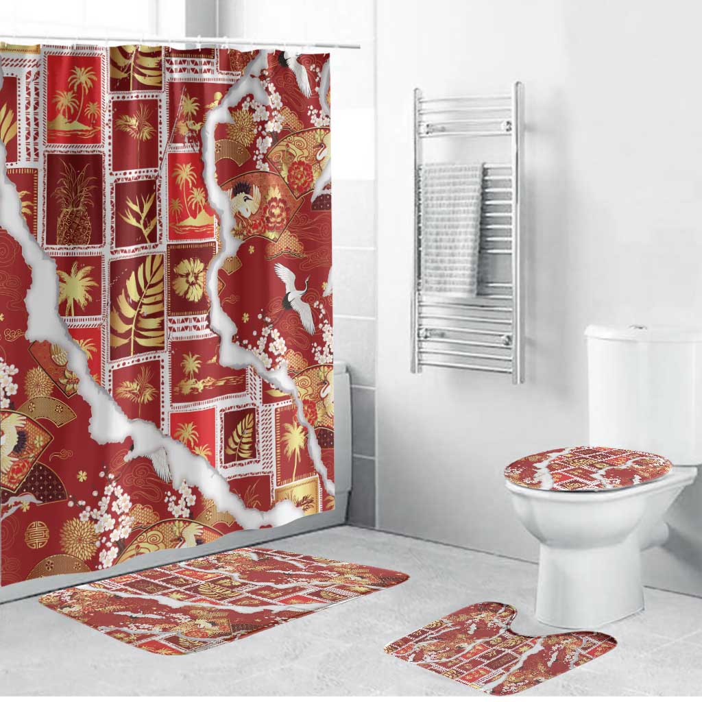 Hawaii Japanese Culture Red Bathroom Set Spring Cranes Aloha Pattern LT01 Bathroom Set (4 pcs) Red - Polynesian Pride