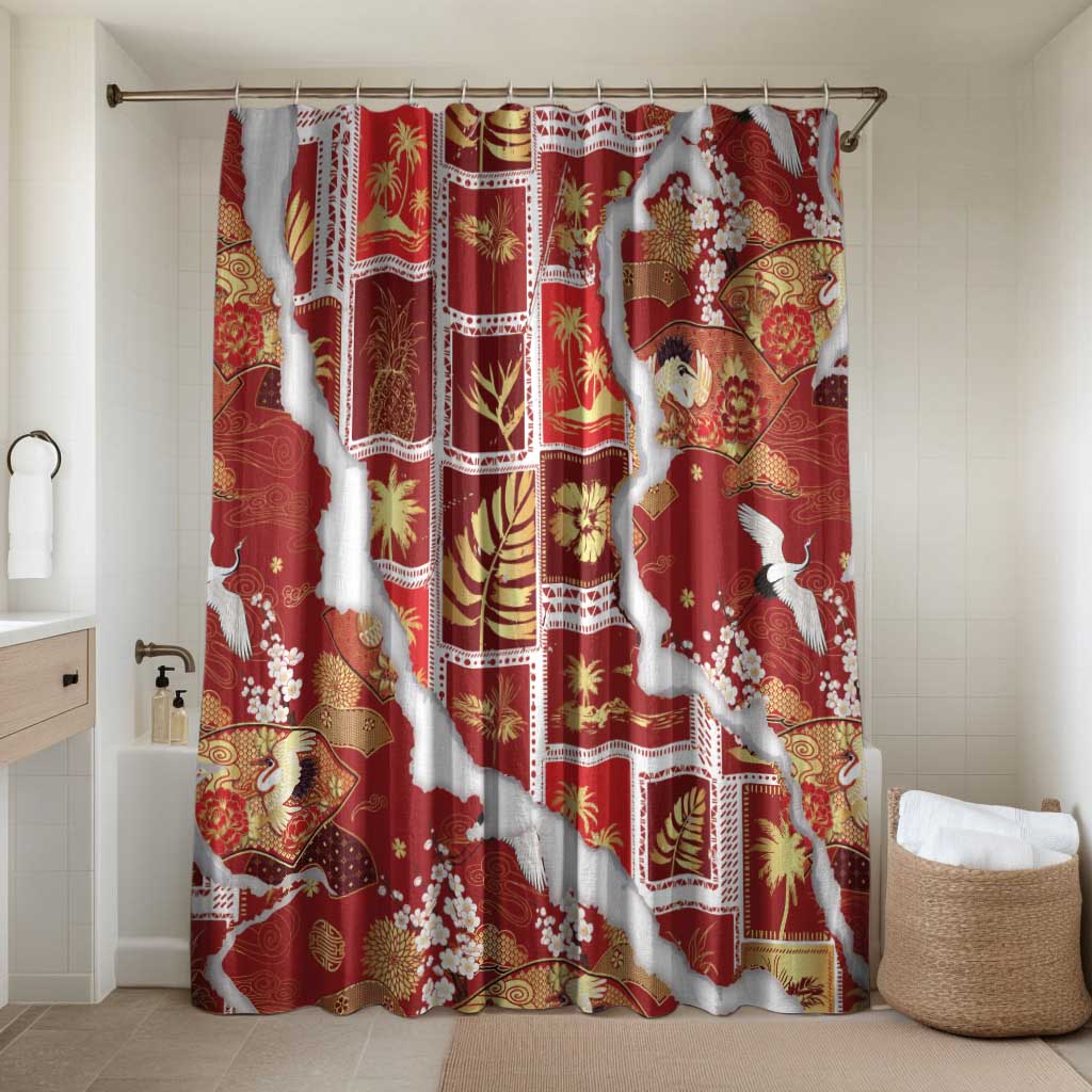 Hawaii Japanese Culture Red Bathroom Set Spring Cranes Aloha Pattern LT01 Shower Curtain Only Red - Polynesian Pride