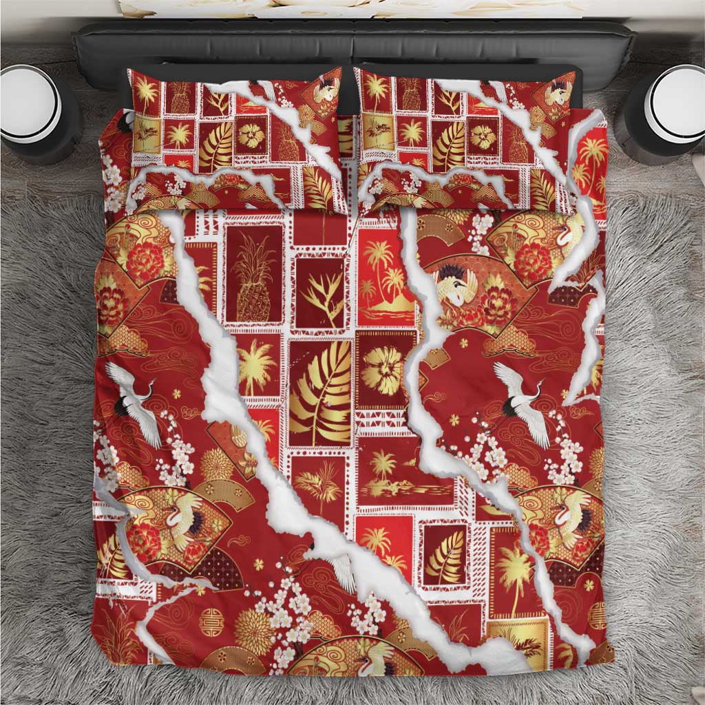 Hawaii Japanese Culture Red Bedding Set Spring Cranes Aloha Pattern LT01 Red - Polynesian Pride