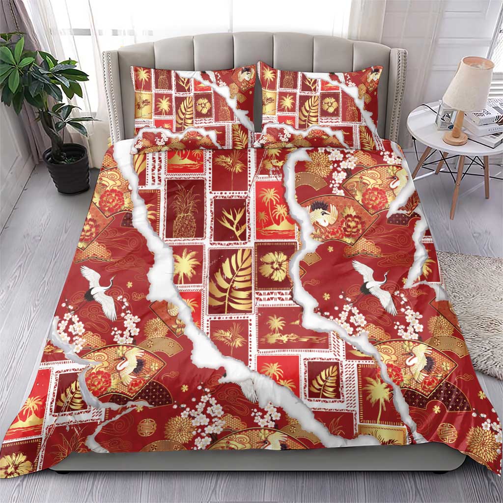 Hawaii Japanese Culture Red Bedding Set Spring Cranes Aloha Pattern LT01 - Polynesian Pride