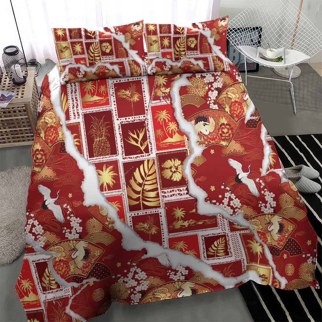 Hawaii Japanese Culture Red Bedding Set Spring Cranes Aloha Pattern LT01 - Polynesian Pride