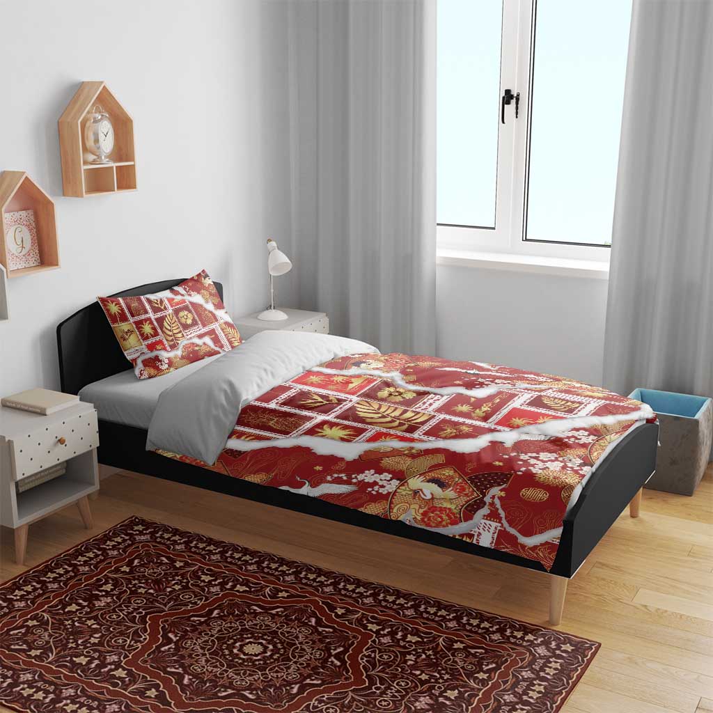 Hawaii Japanese Culture Red Bedding Set Spring Cranes Aloha Pattern LT01 - Polynesian Pride