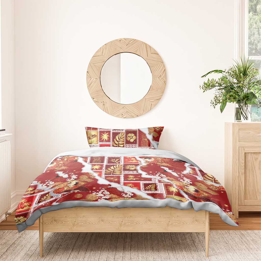 Hawaii Japanese Culture Red Bedding Set Spring Cranes Aloha Pattern LT01 - Polynesian Pride