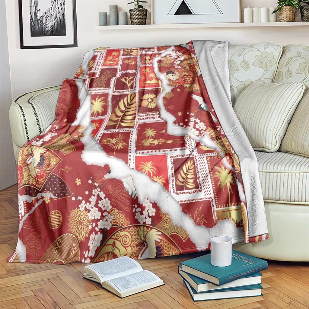 Hawaii Japanese Culture Red Blanket Spring Cranes Aloha Pattern LT01 Red - Polynesian Pride