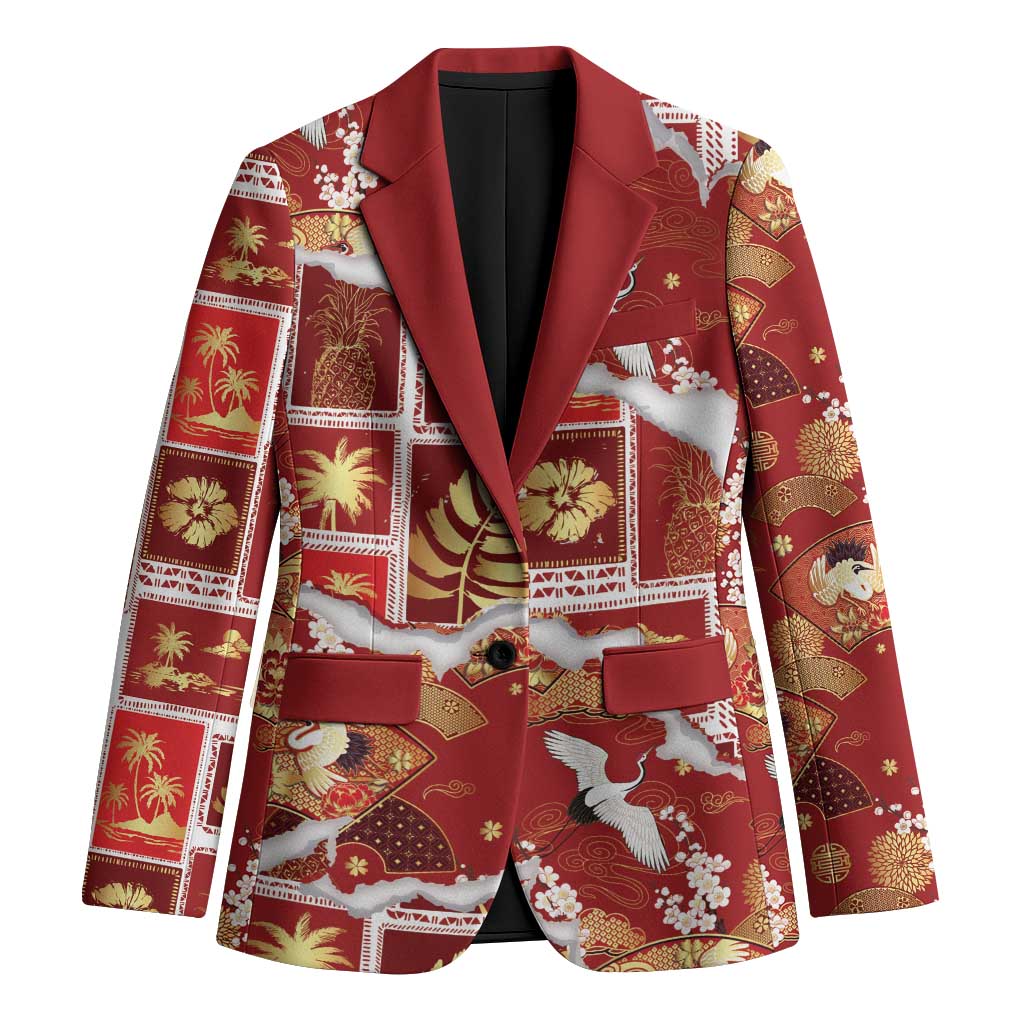 Hawaii Japanese Culture Red Blazer Spring Cranes Aloha Pattern LT01 Unisex Red - Polynesian Pride