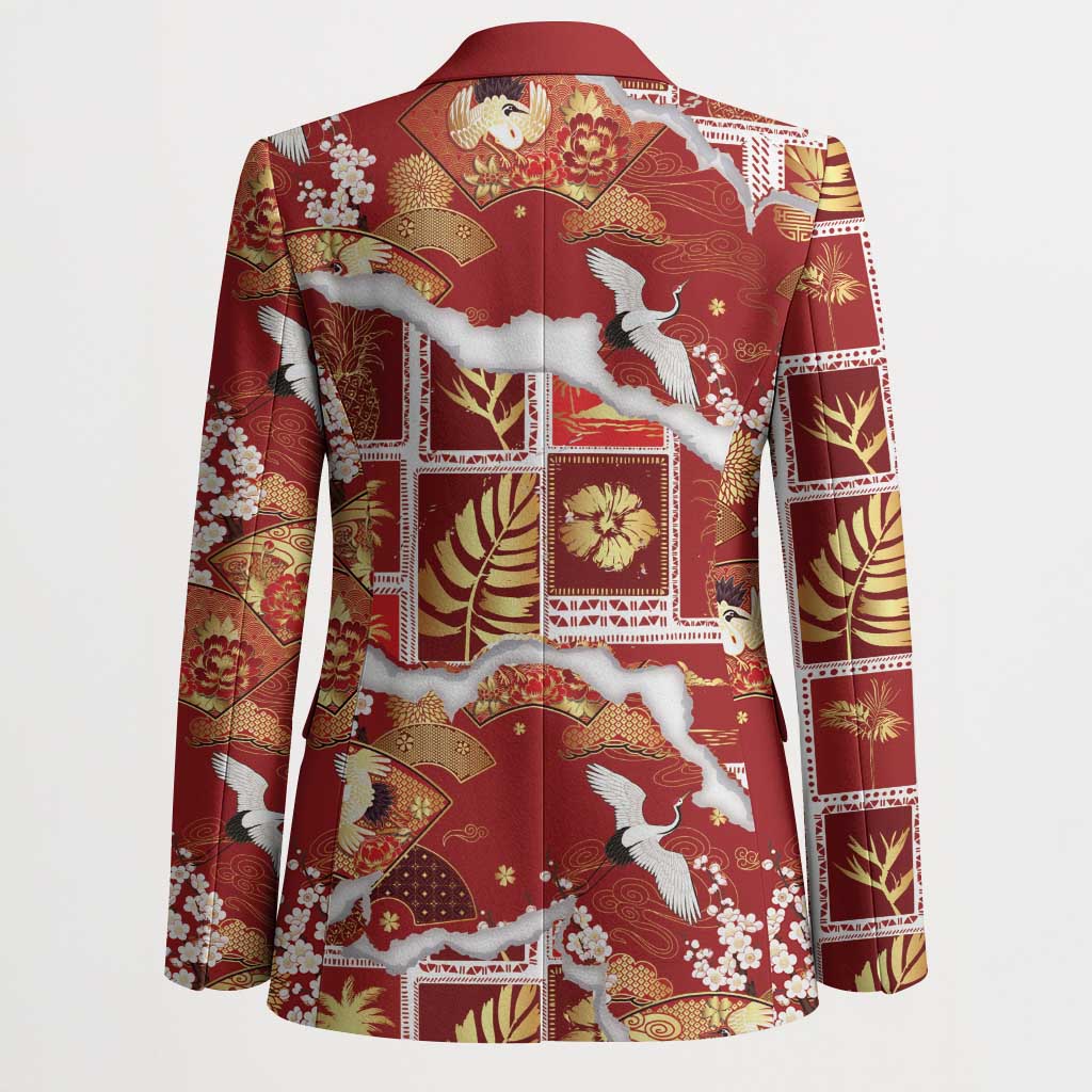 Hawaii Japanese Culture Red Blazer Spring Cranes Aloha Pattern LT01 - Polynesian Pride