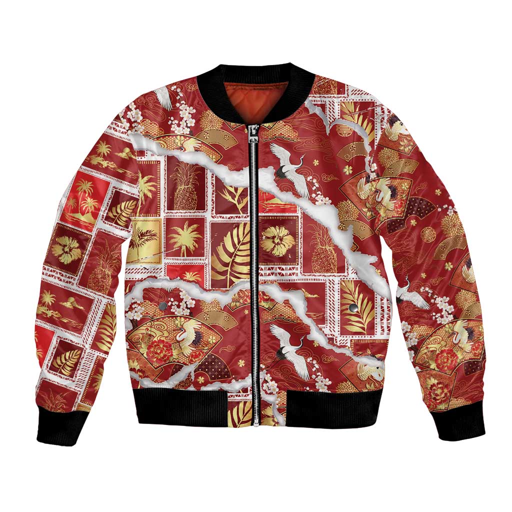 Hawaii Japanese Culture Red Bomber Jacket Spring Cranes Aloha Pattern LT01 Unisex Red - Polynesian Pride