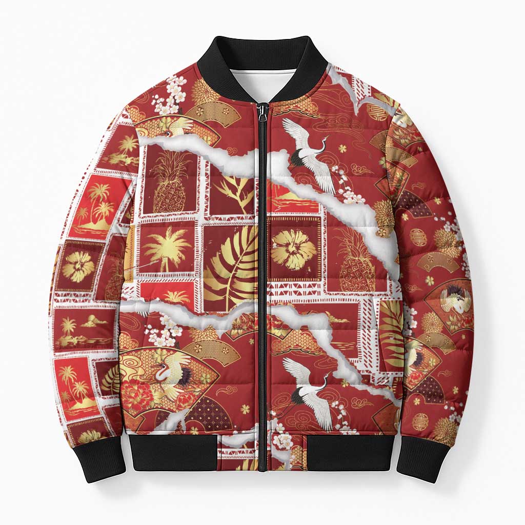 Hawaii Japanese Culture Red Bomber Puffer Jacket Spring Cranes Aloha Pattern LT01 Unisex Red - Polynesian Pride
