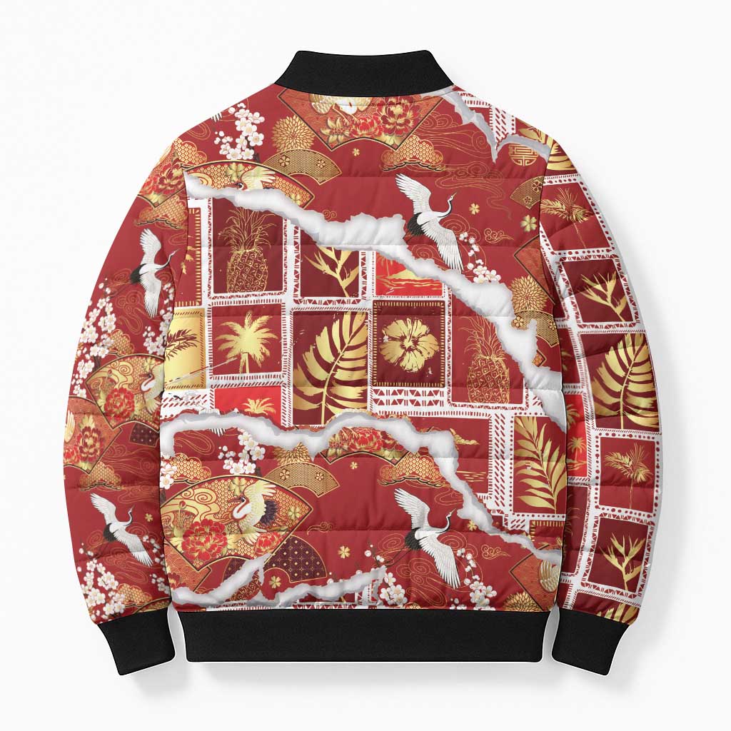 Hawaii Japanese Culture Red Bomber Puffer Jacket Spring Cranes Aloha Pattern LT01 - Polynesian Pride
