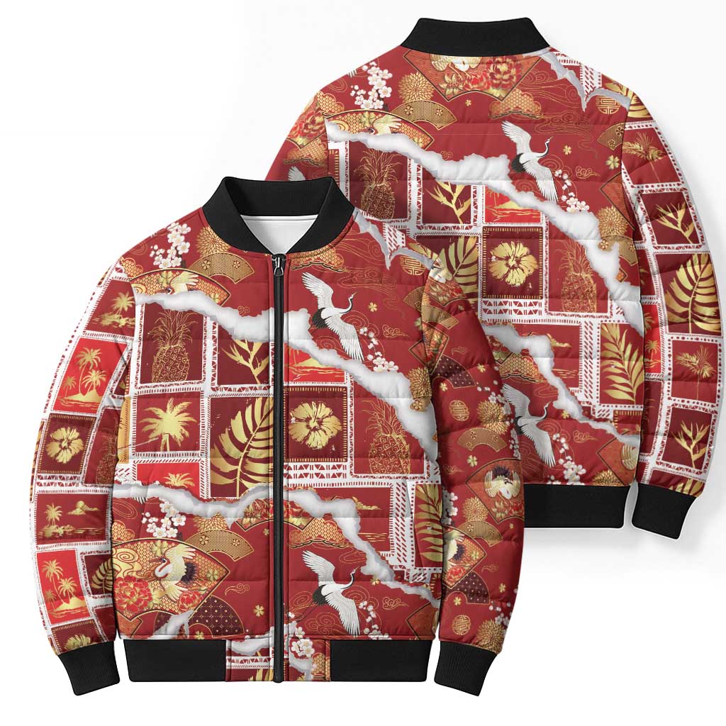 Hawaii Japanese Culture Red Bomber Puffer Jacket Spring Cranes Aloha Pattern LT01 - Polynesian Pride