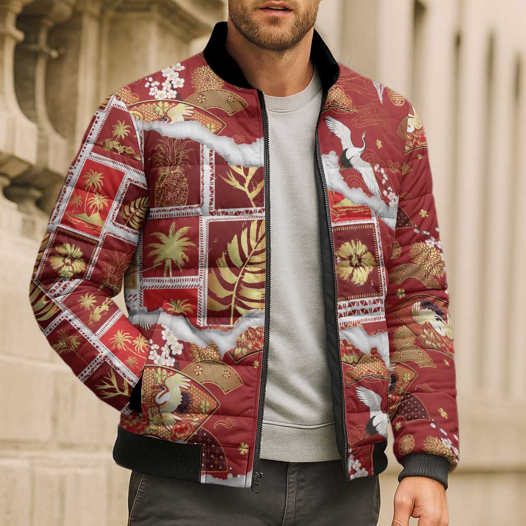 Hawaii Japanese Culture Red Bomber Puffer Jacket Spring Cranes Aloha Pattern LT01 - Polynesian Pride