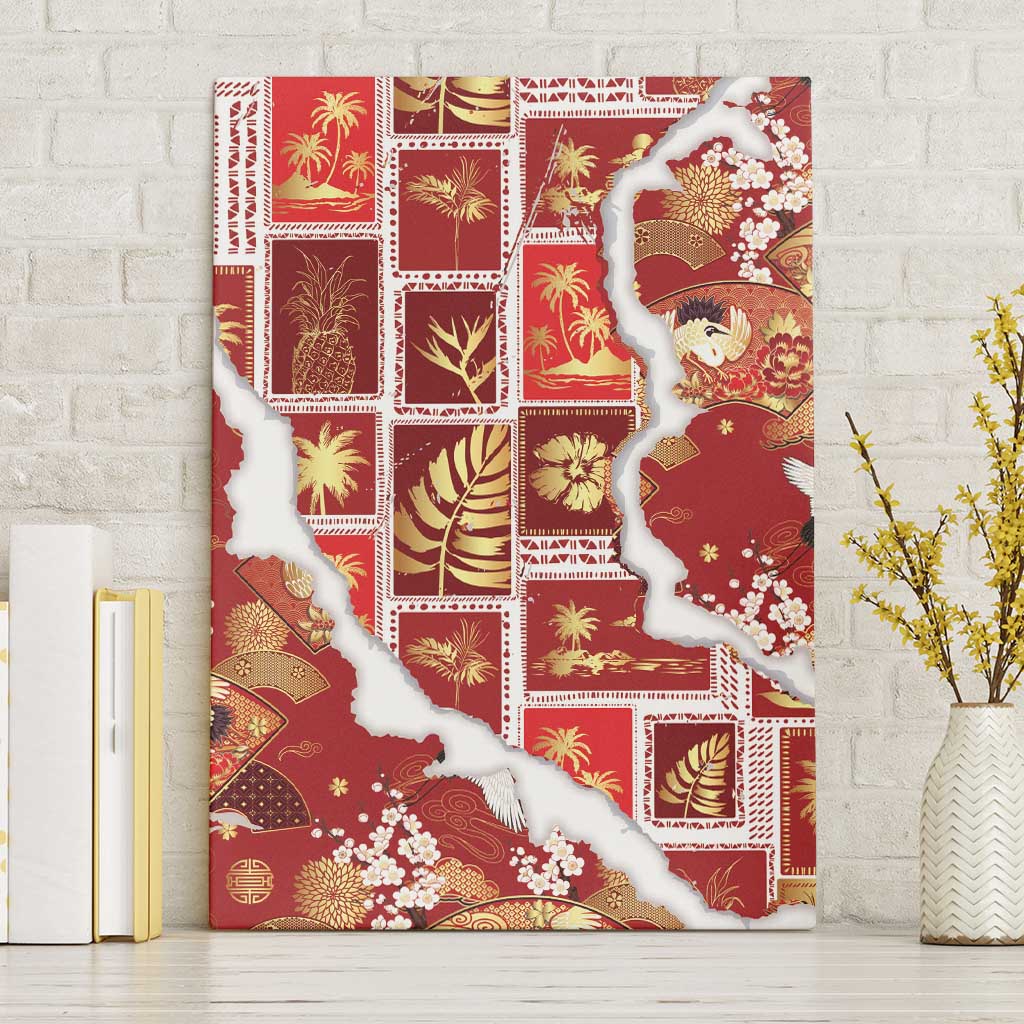 Hawaii Japanese Culture Red Canvas Wall Art Spring Cranes Aloha Pattern LT01 Without Frame Red - Polynesian Pride