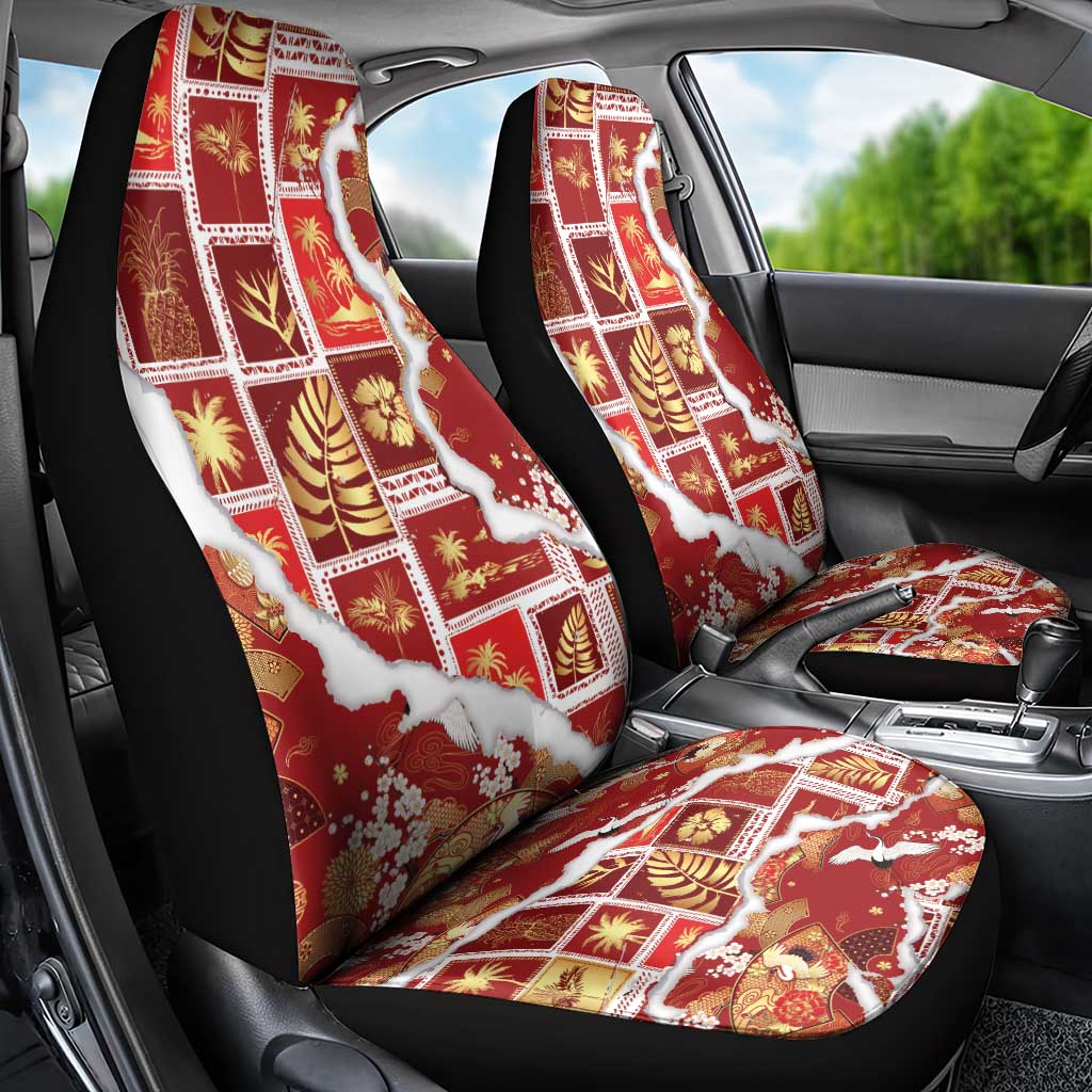 Hawaii Japanese Culture Red Car Seat Cover Spring Cranes Aloha Pattern LT01 - Polynesian Pride