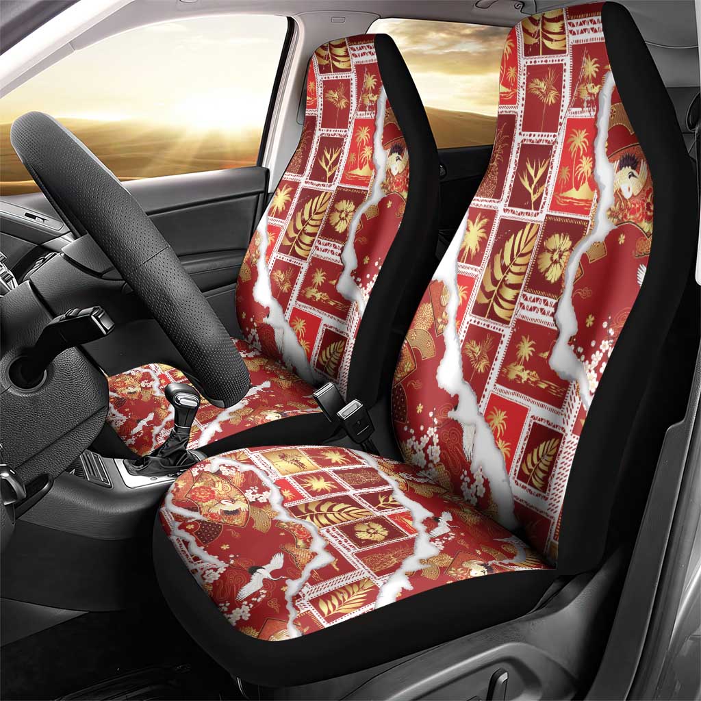 Hawaii Japanese Culture Red Car Seat Cover Spring Cranes Aloha Pattern LT01 - Polynesian Pride