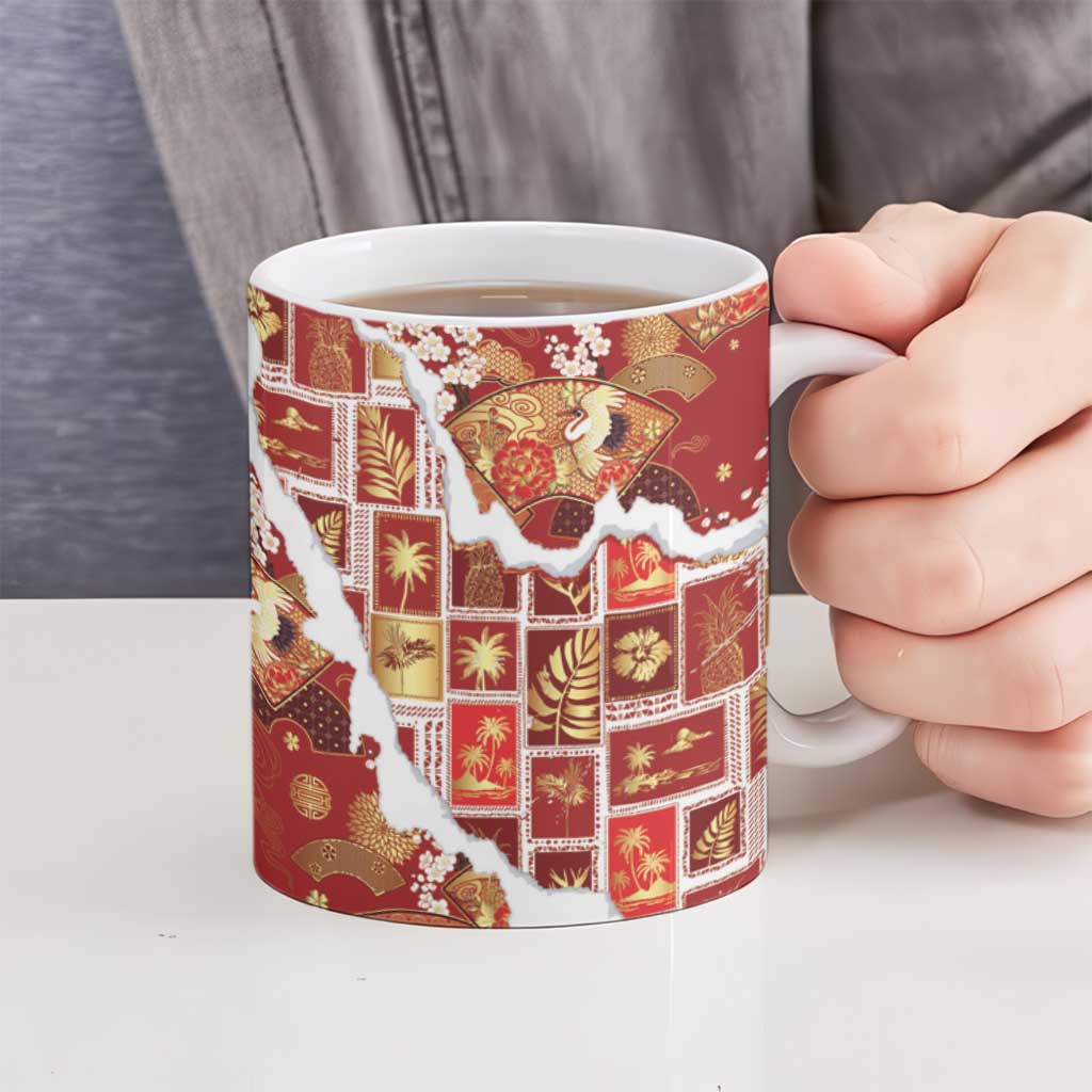 Hawaii Japanese Culture Red Ceramic Mug Spring Cranes Aloha Pattern LT01 - Polynesian Pride