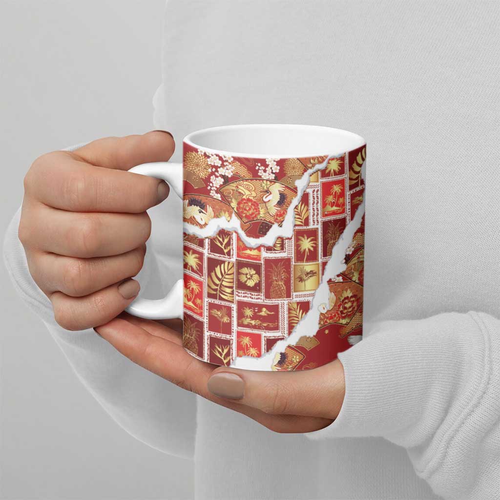 Hawaii Japanese Culture Red Ceramic Mug Spring Cranes Aloha Pattern LT01 - Polynesian Pride
