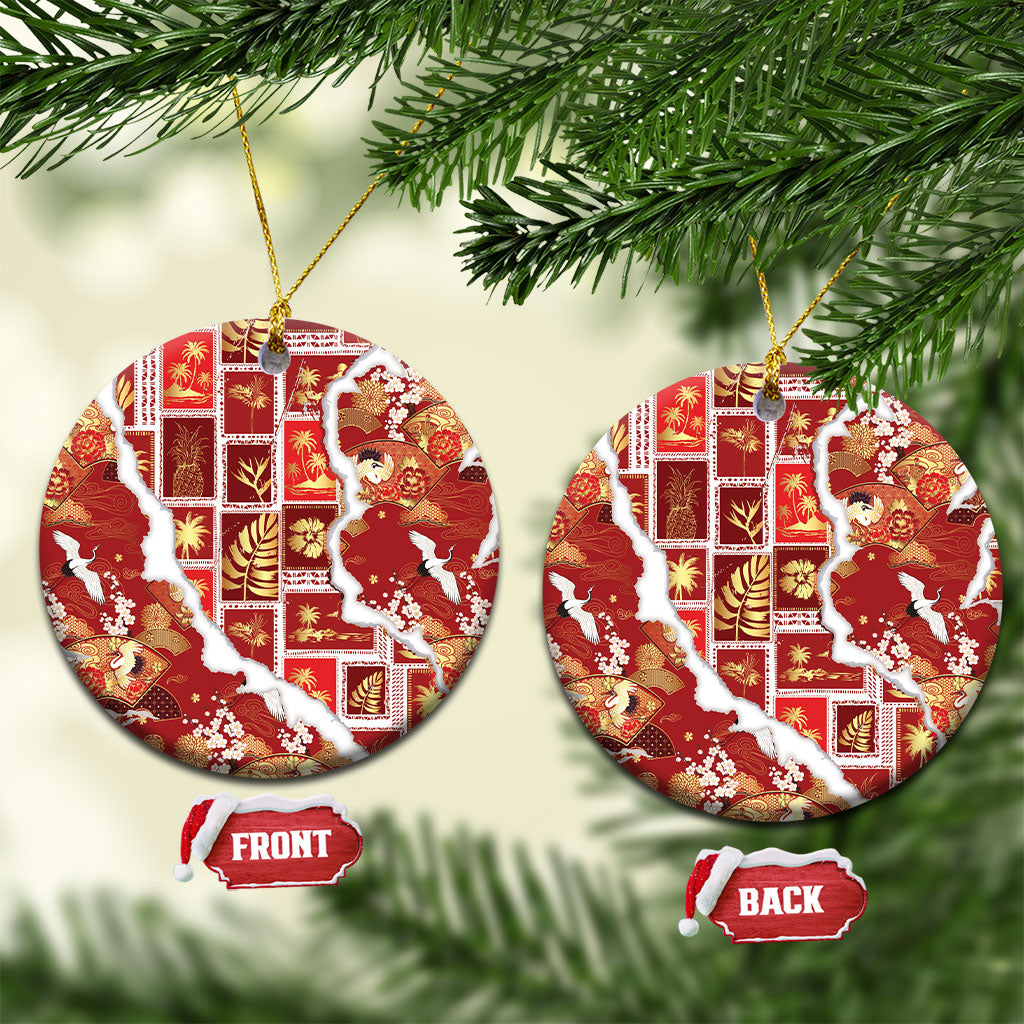 Hawaii Japanese Culture Red Ceramic Ornament Spring Cranes Aloha Pattern LT01 Circle Red - Polynesian Pride
