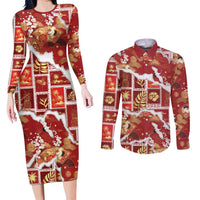 Hawaii Japanese Culture Red Couples Matching Long Sleeve Bodycon Dress and Long Sleeve Button Shirt Spring Cranes Aloha Pattern LT01 Red - Polynesian Pride