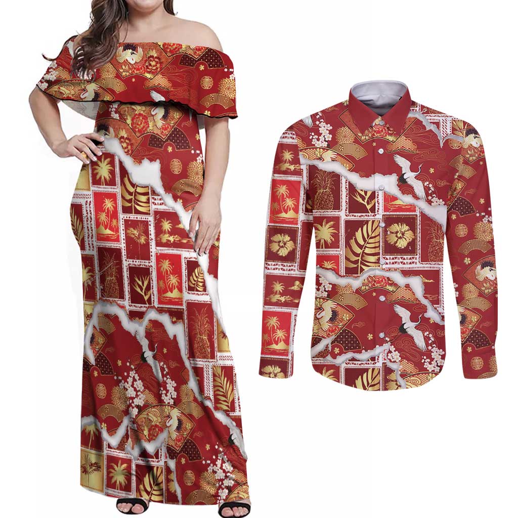 Hawaii Japanese Culture Red Couples Matching Off Shoulder Maxi Dress and Long Sleeve Button Shirt Spring Cranes Aloha Pattern LT01 Red - Polynesian Pride